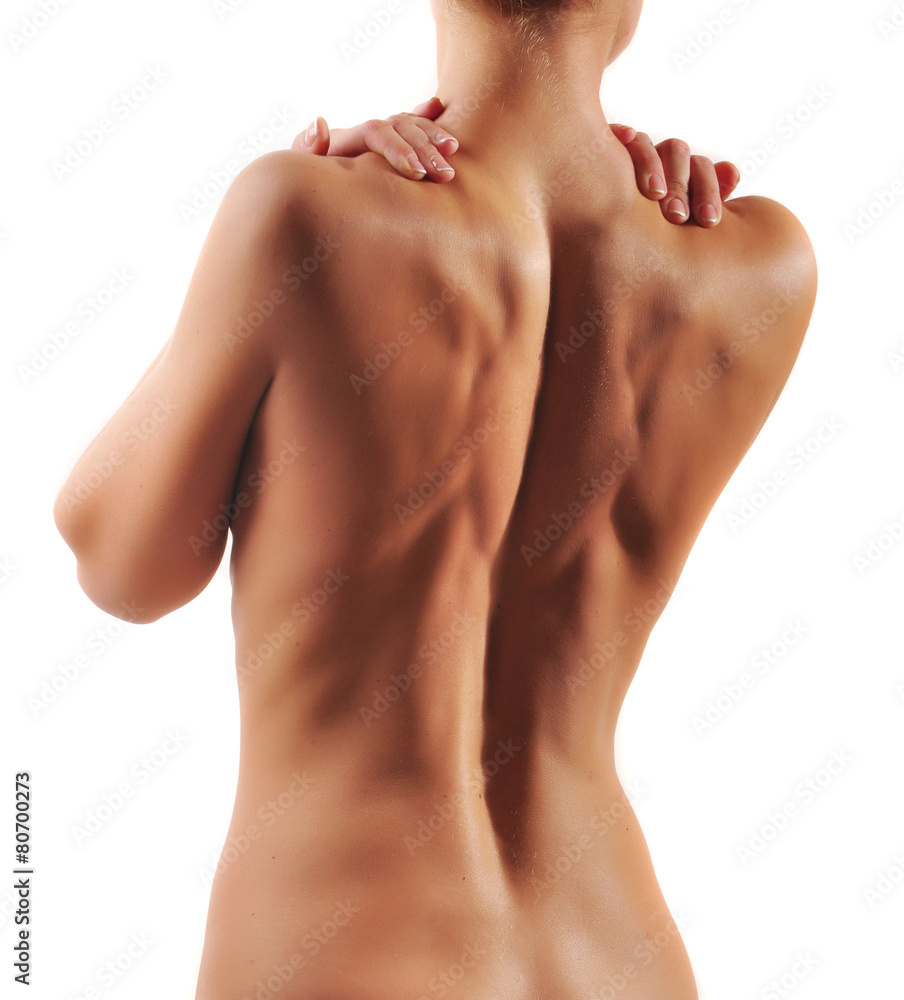 Back ache massage - Woman with backache from behind, naked body. Back ache massage - Woman with backache from behind, naked body.