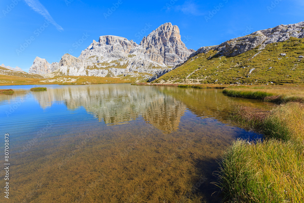 Beautiful lake in Tre Cime National Park, Dolomites Mountains