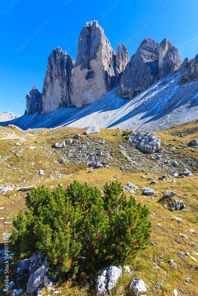 Scenery of Tre Cime National Park in Dolomites Mountains, Italy