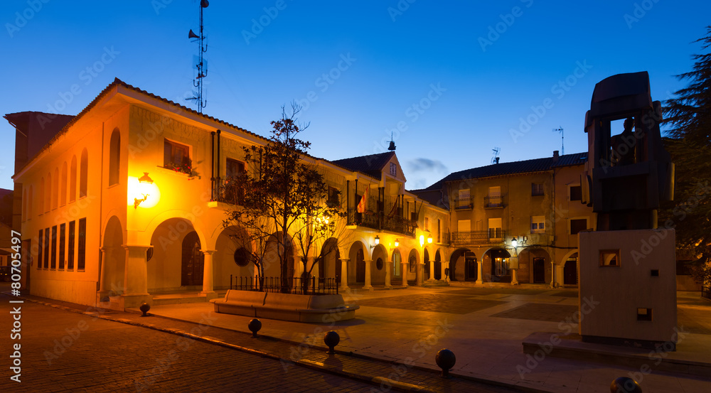 Town square at  spanish town in night.  Utrillas