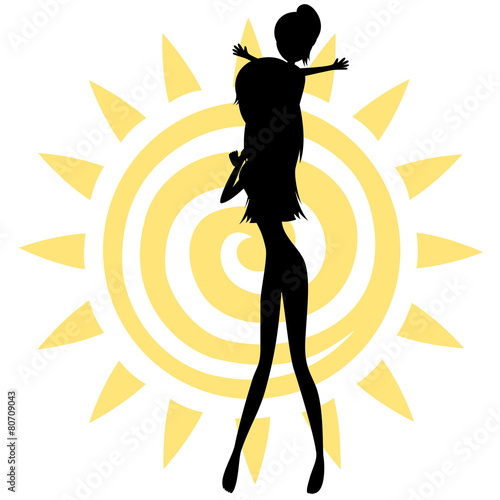 Silhouette of a little girl sit on her mother's neck