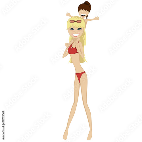 A little brunette girl sit on her blonde mother's neck
