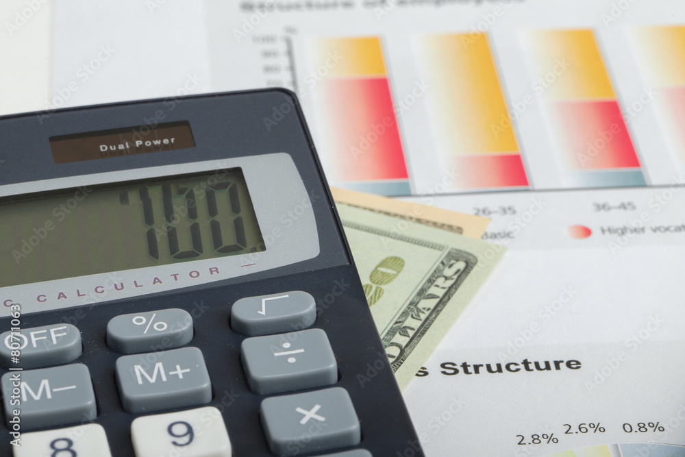 USA dollar money banknotes, pen and calculator