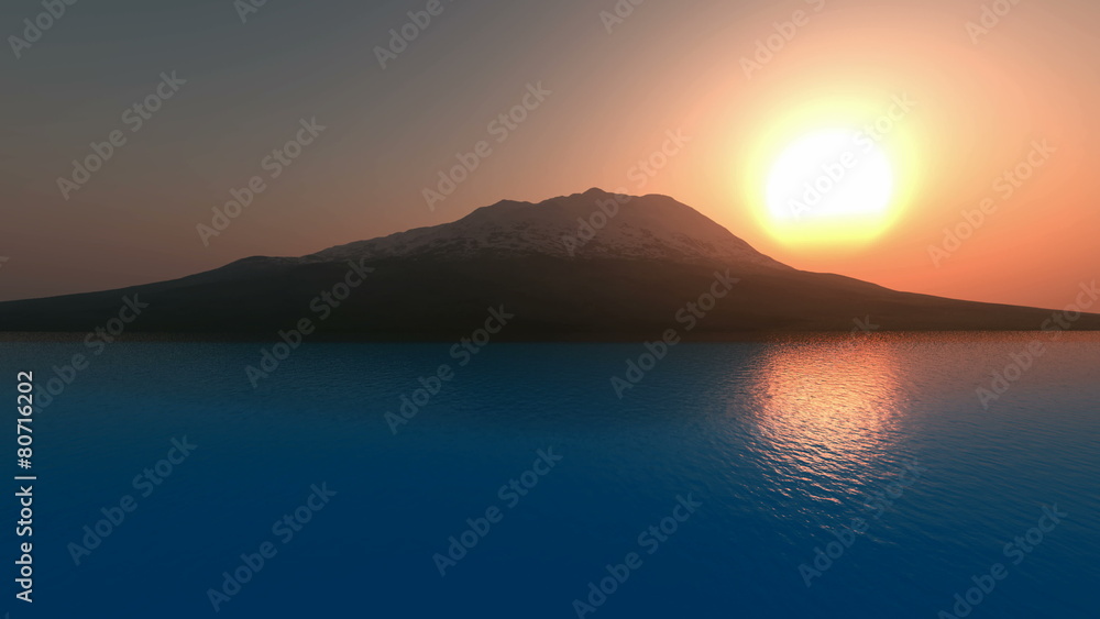 Tropical sunset over an island in ocean Tropical sunset over an island in ocean