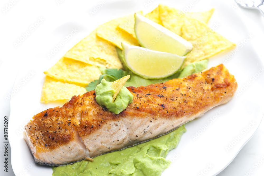 grilled salmon fillet with avocado sauce and nachos grilled salmon fillet with avocado sauce and nachos