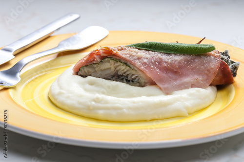 fillet of trout with sage roasted in the Prague Ham with mashed