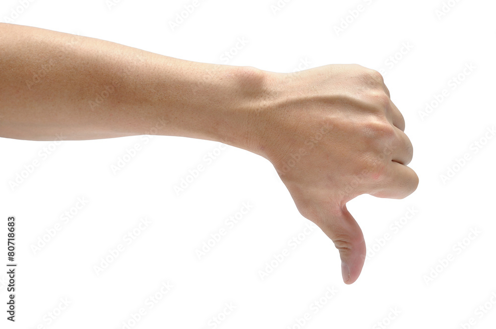 Male hand thumb down isolated on white background. Body part act Male hand thumb down isolated on white background. Body part act