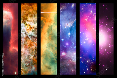 Space nebula and galaxy rainbow collage - provided by NASA