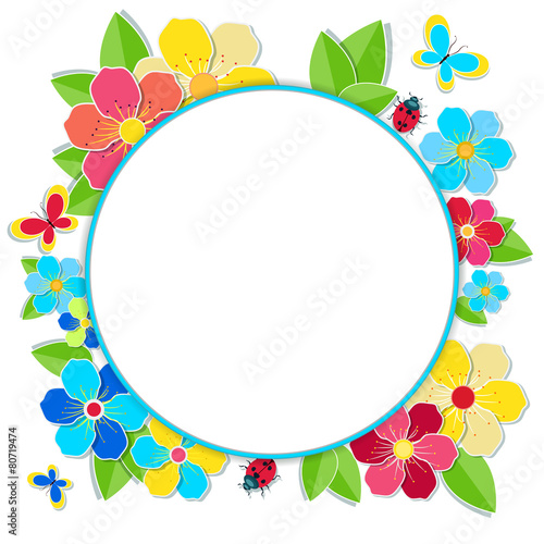 Bright frame with flowers  butterflies and ladybug. Round summer