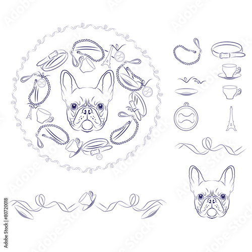 Set of vector accessories for French Bulldog.