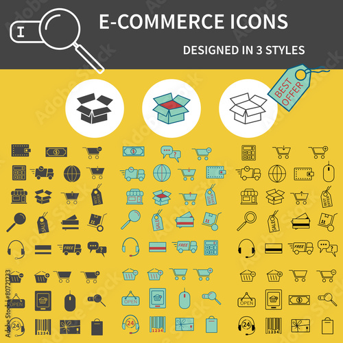 Set of Outline,  Silhouette and 3 colors On-Line Shopping icons