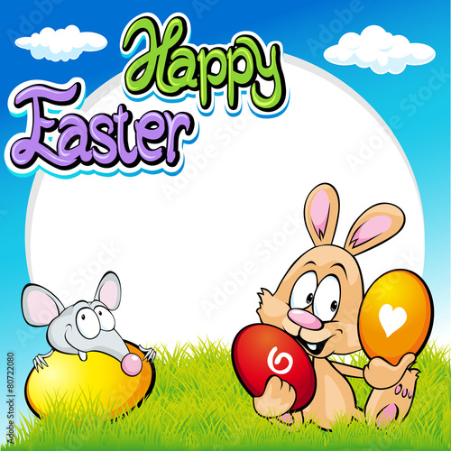 easter frame with bunny, mouse and eggs