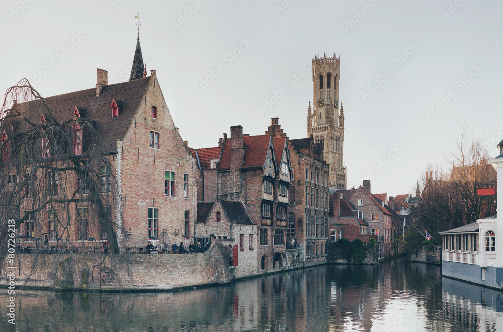 Canal Through Old Town Bruges with Belfry Tower Canal Through Old Town Bruges with Belfry Tower