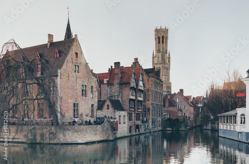 Canal Through Old Town Bruges with Belfry Tower