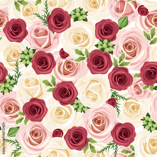 Seamless background with red  pink and white roses. Vector.
