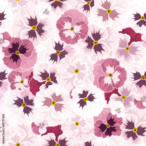 Vector seamless pattern with pink pansy flowers.