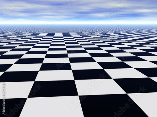 Carta da parati Abstract infinite chess floor and cloudy sky