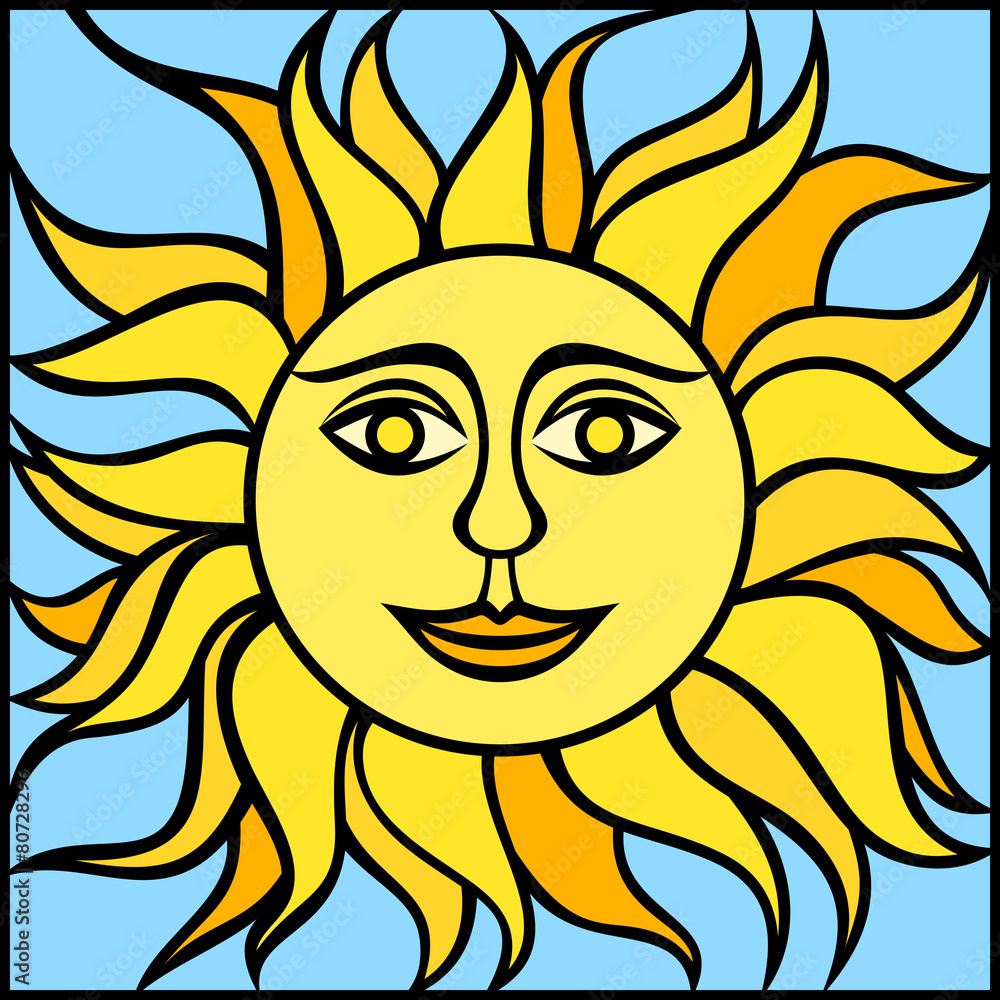 Illustration of sun with smiling face. Vector illustration.