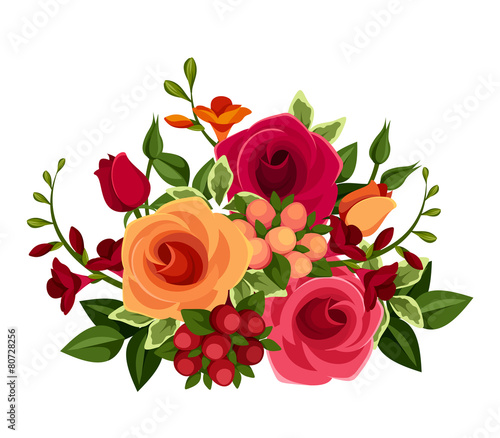 Bouquet of roses and freesia flowers. Vector illustration.