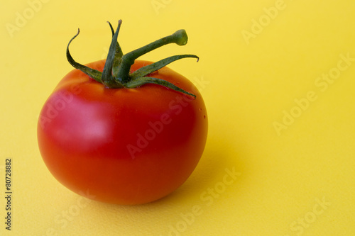 one red tomato on yellow background