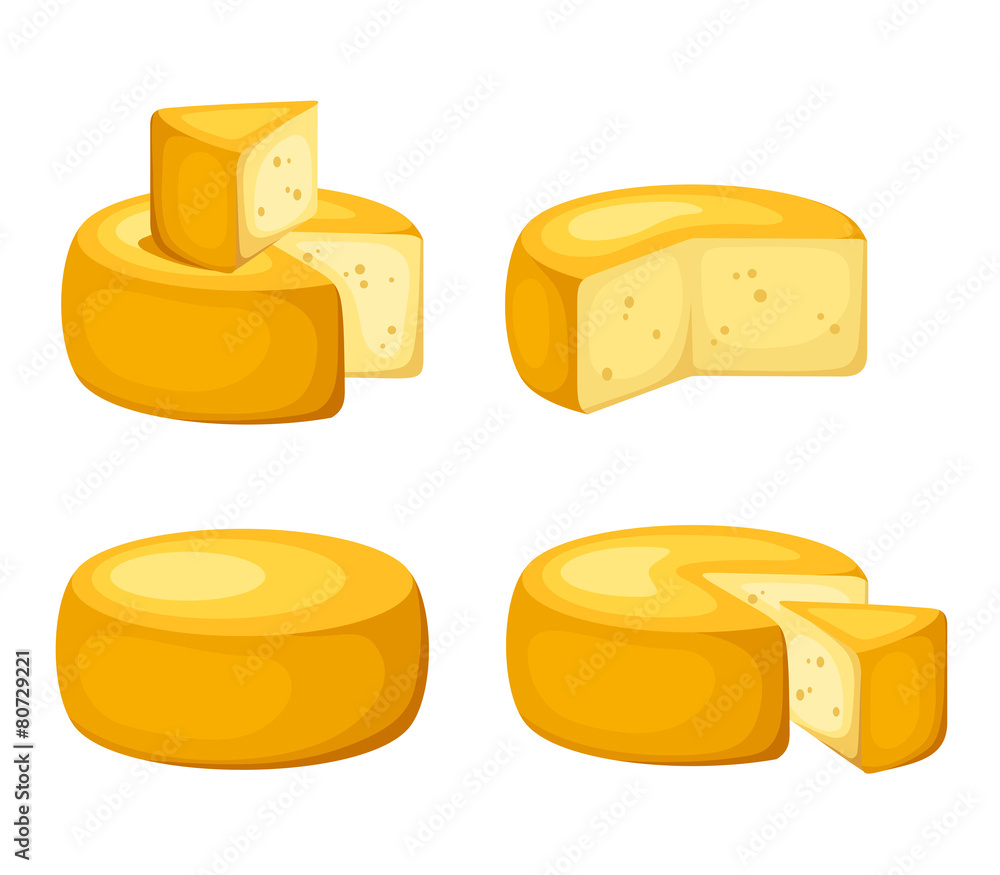 Vector set of cheese wheels isolated on a white background. Vector set of cheese wheels isolated on a white background.