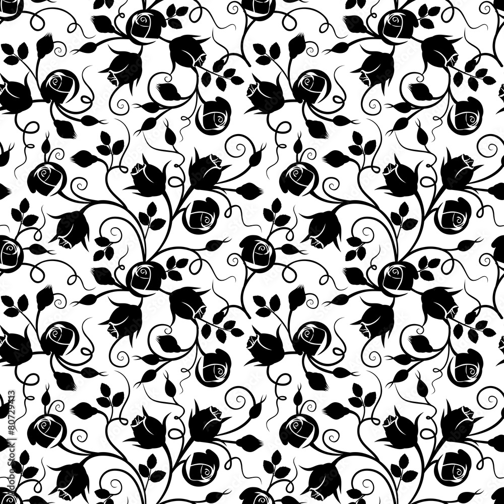 Black seamless floral pattern with rose buds on white. Vector. Black seamless floral pattern with rose buds on white. Vector.
