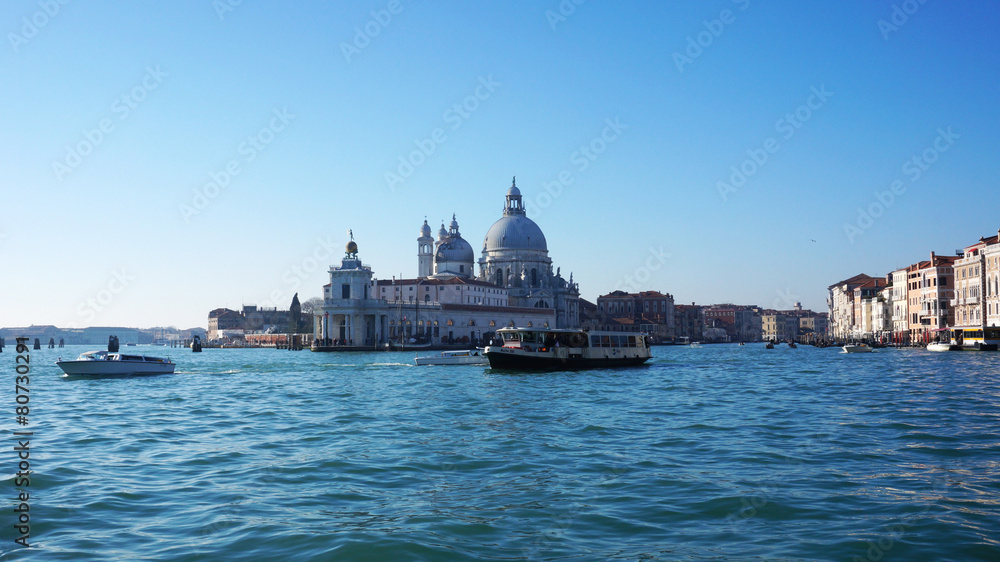 Motorboat is sailing on Grand Canal in Venice, Italy