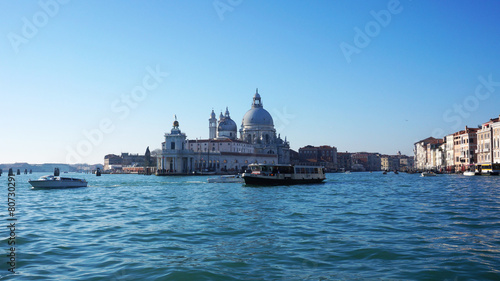 Motorboat is sailing on Grand Canal in Venice, Italy
