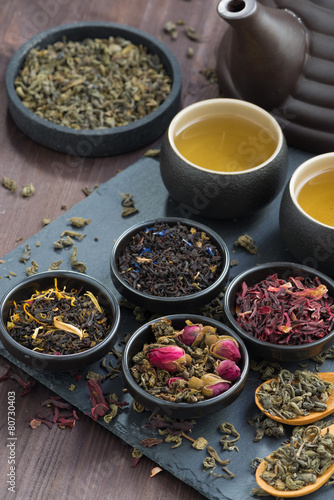 assortment of fragrant dried teas and green tea, top view