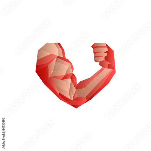 Polygonal red bodybuilder's hand with biceps in heart shape.