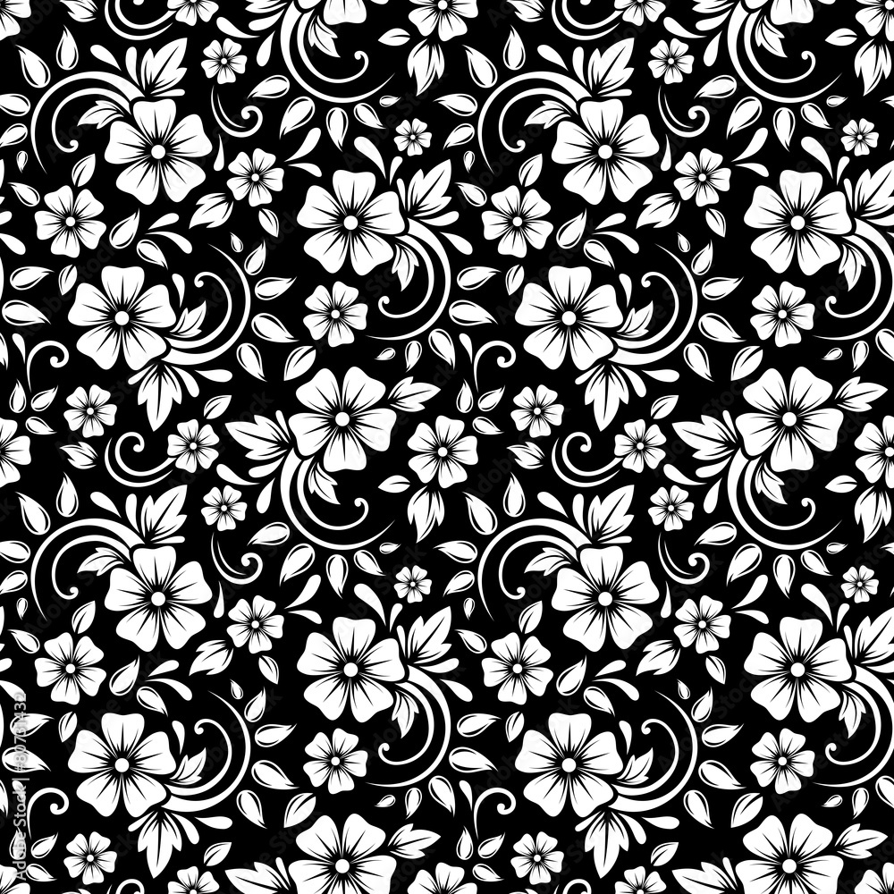 Fototapeta premium Vintage seamless white floral pattern on a black background. 
