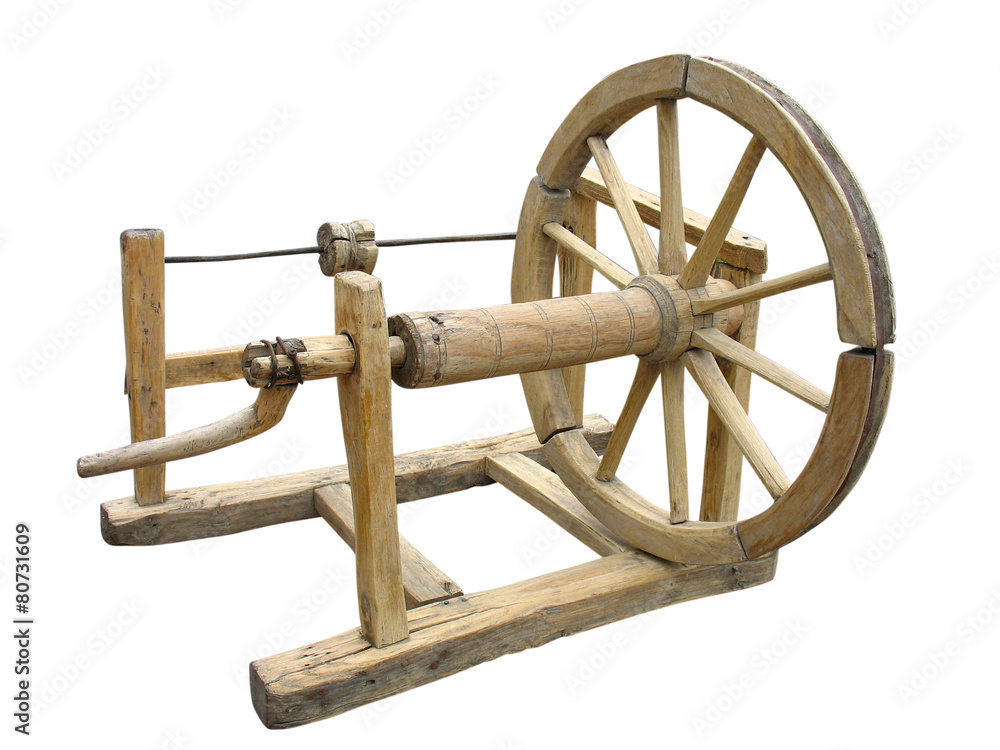 Old wooden spinning-wheel distaff isolated