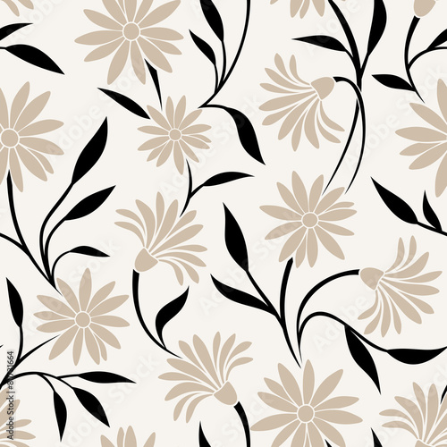 Seamless pattern with beige flowers and black leaves. Vector 