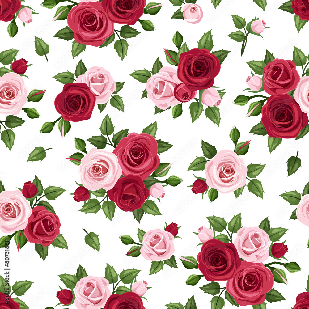 Seamless pattern with red and pink roses on white. Vector.