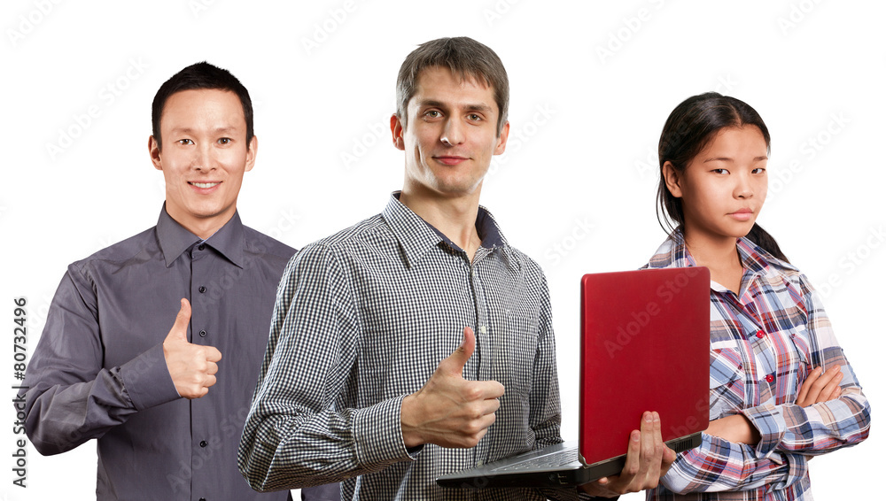 Asian team and man with laptop in his hands and woman Asian team and man with laptop in his hands and woman