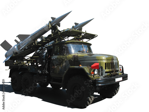 Old soviet mobile rocket launcher isolated on white