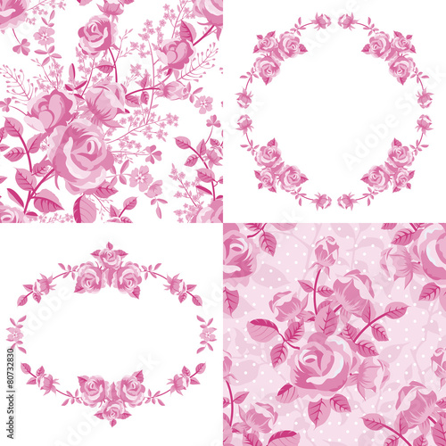Set of roses floral patterns and frames in pink
