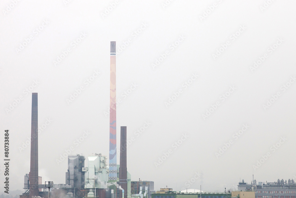 Smokestack, grey sky, emission, industry