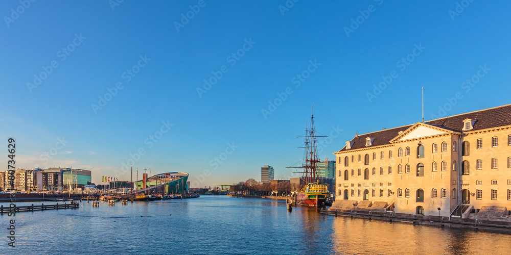 Panoramic view of historic buildings in Amsterdam