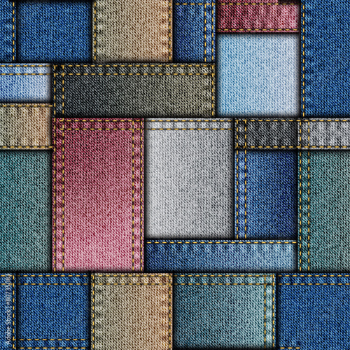 Patchwork of denim fabric.