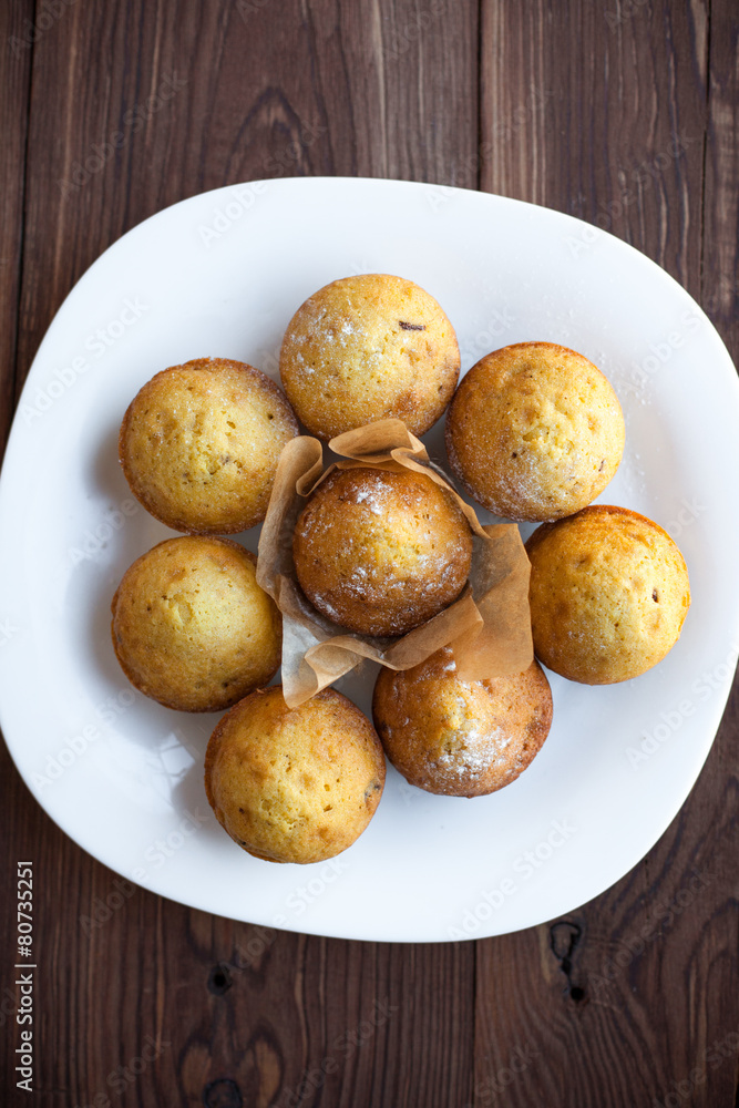 Homemade muffins in plate on wood table Homemade muffins in plate on wood table