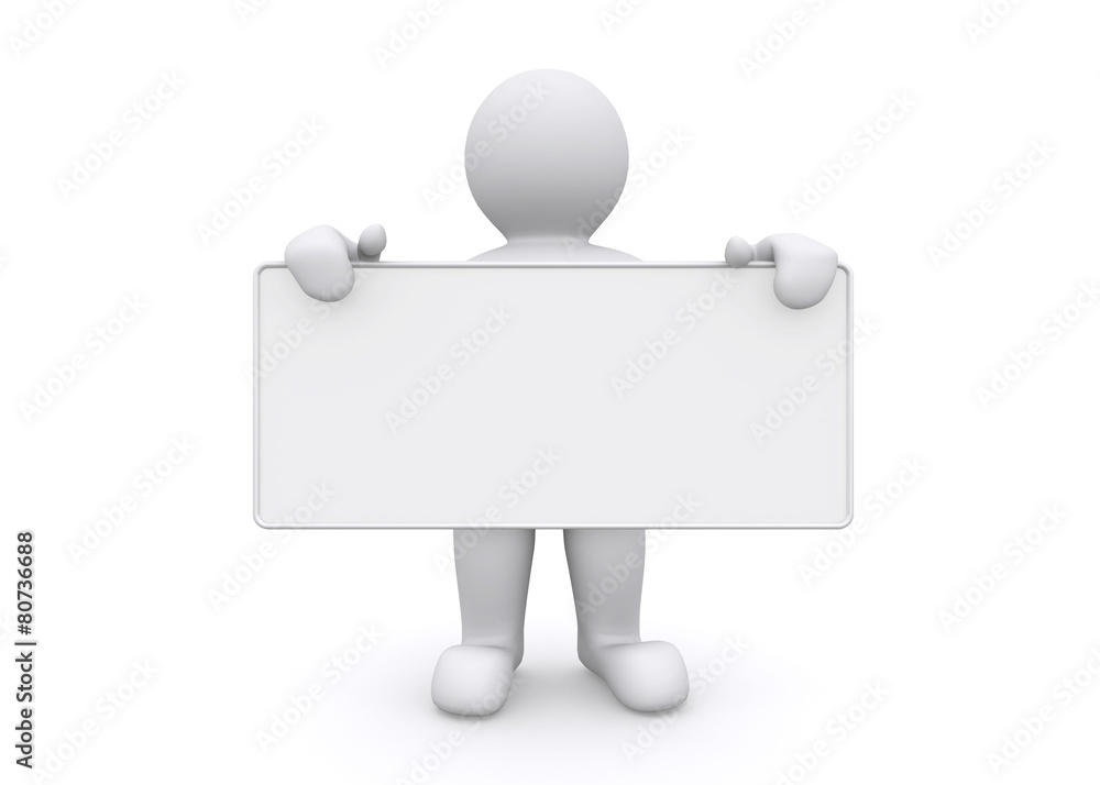 3d white man holding empty board on white background. 3d white man holding empty board on white background.
