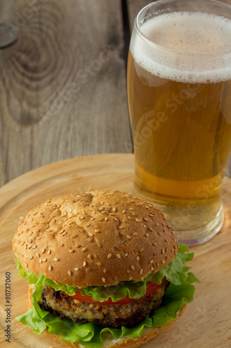 Burger and glass of beer