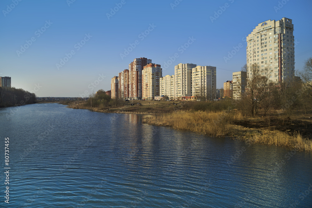 New residential district on the banks of the Pekhorka river. City of Balashikha, Moscow region, Russia.