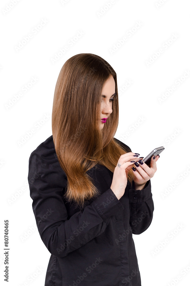 Girl with mobile phone in hand. Business style business woman Girl with mobile phone in hand. Business style business woman