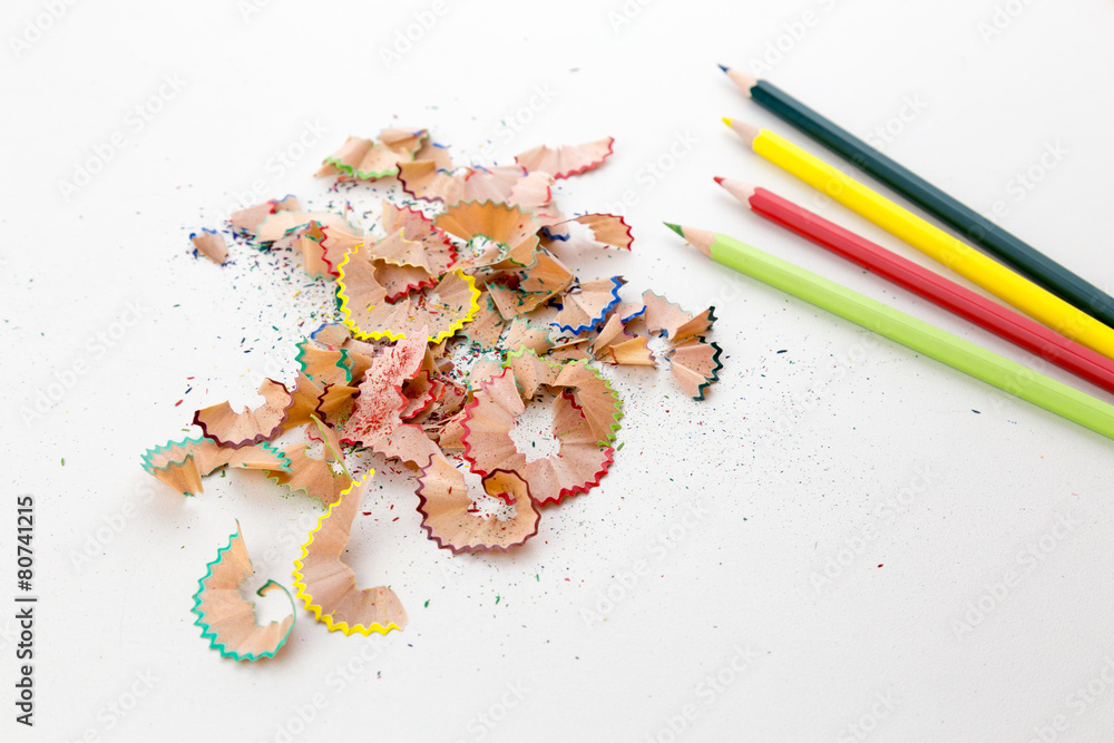 Color pencil crayons and pencil shavings