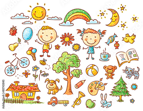 Doodle set of objects from a child's life