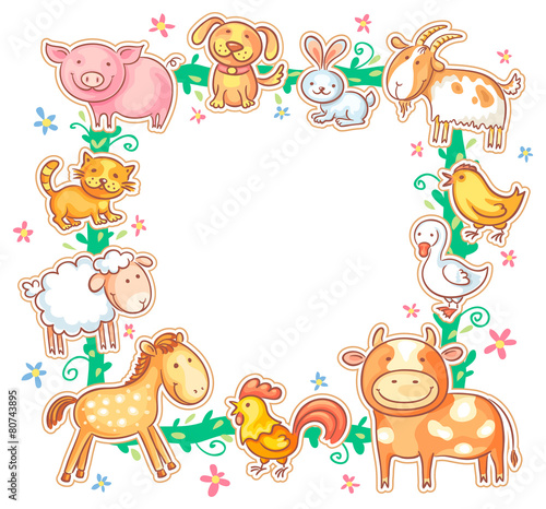 Square Frame with Cute Cartoon Farm Animals