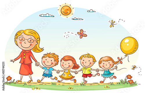Cartoon Kids and their Teacher Outdoors #80744251