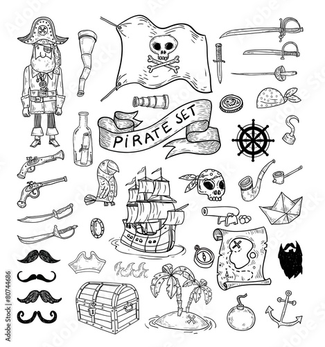 doodle pirate elememts, vector illustration.